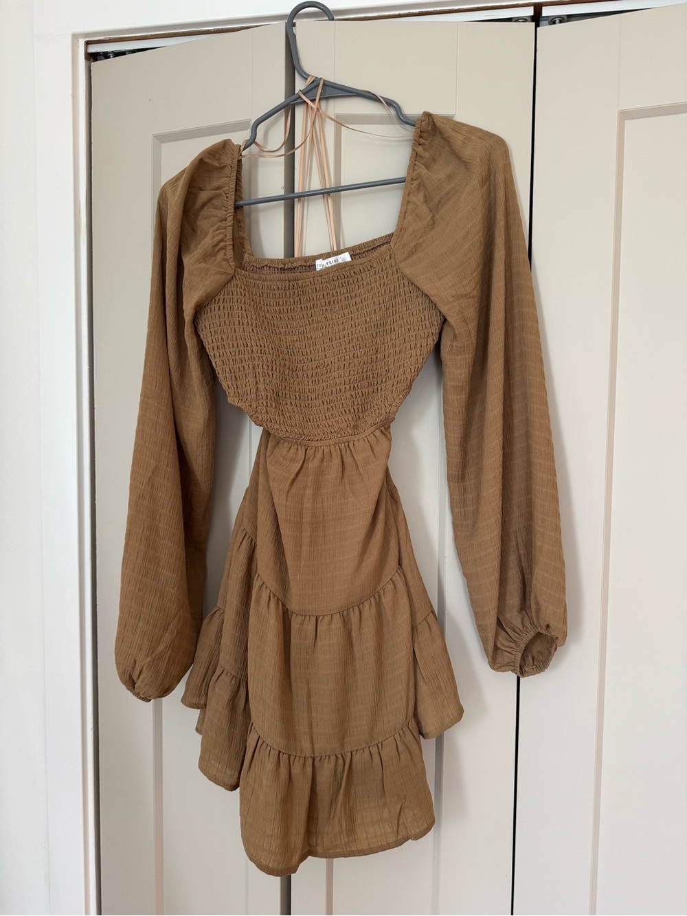 12th Tribe Brown Smocked Puff-Sleeve Tiered Mini Dress - Picture 1 of 5